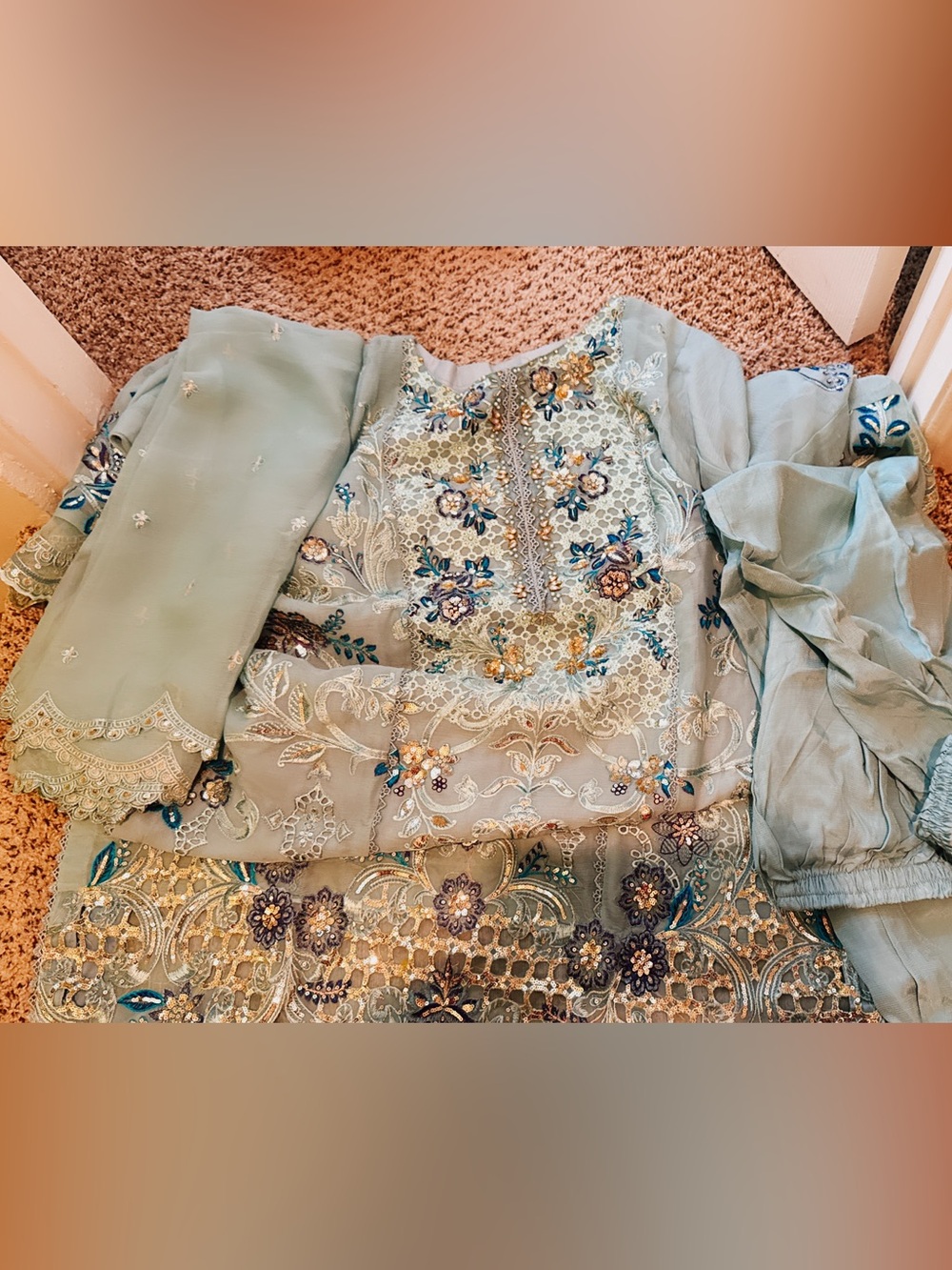 Elegant Mint Embroidered Long Sleeve Dress - Picture 5 of 6